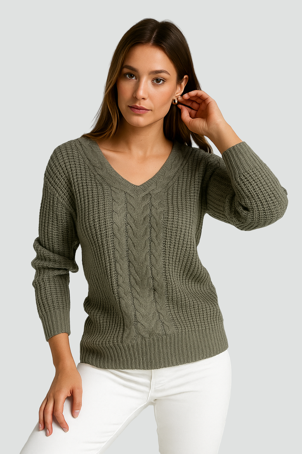 Soft Women’s Knit Sweater with V-Neck and Cable Pattern