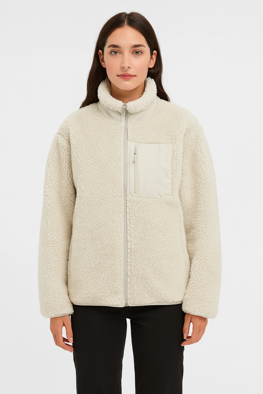 Warm Teddy Jacket for Women with High Collar and Zipper Pocket