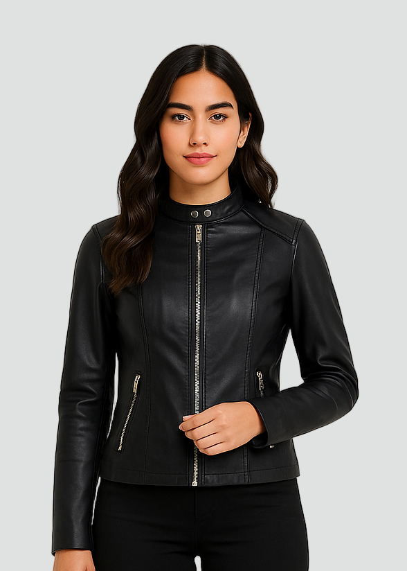 Elegant Women’s Leather Jacket with Waist Detail and Zipper