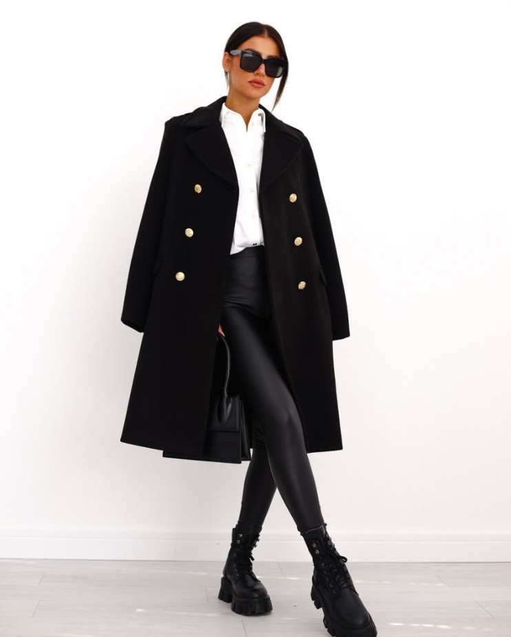 Elegant Long Tailored Wool Coat for Women with Button Detailing