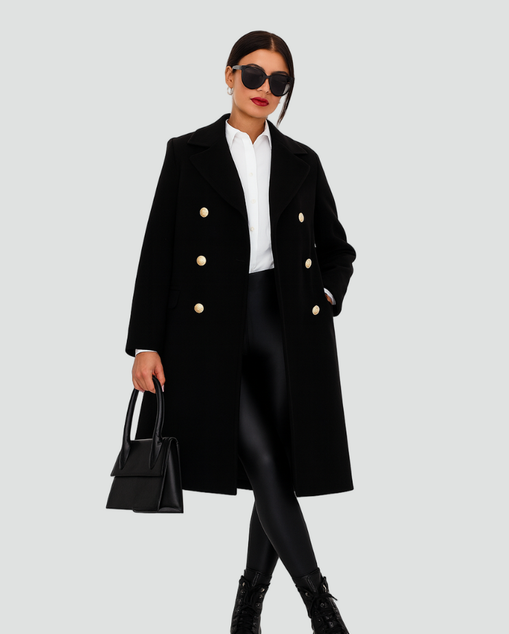 Elegant Long Tailored Wool Coat for Women with Button Detailing
