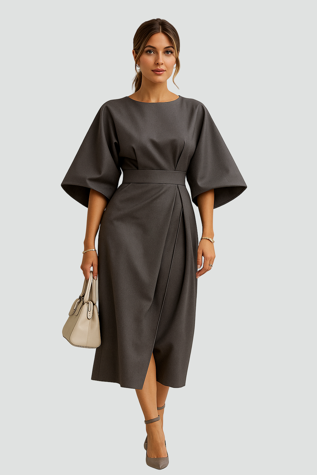 Elegant Midi Dress with Balloon Sleeves for Women
