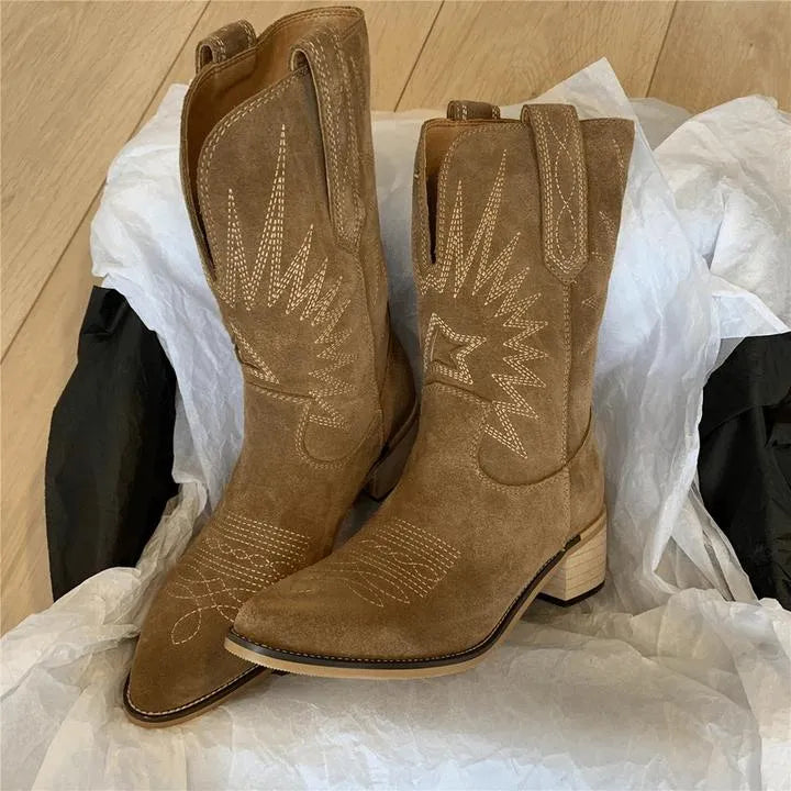 Mid-Calf Cowboy Boots for Women with Zipper and Pointed Toe