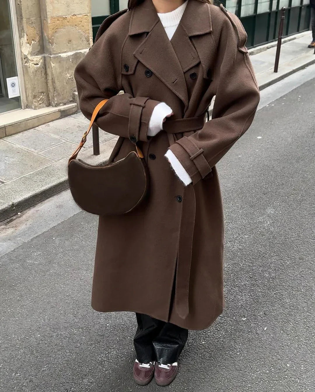 Brown Long Women’s Coat with Double-Breasted Closure
