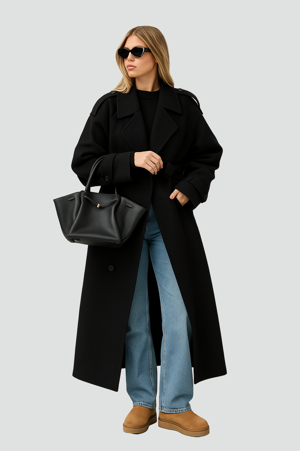 Black Oversized Winter Coat with Belt and Classic Collar