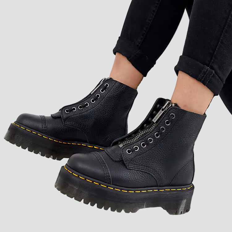 Black Women’s Combat Boots with Platform Sole and Front Zipper