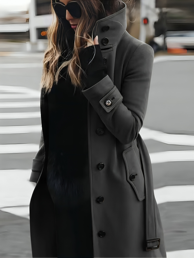 Elegant Women’s Trench Coat with High Collar and Waist Belt