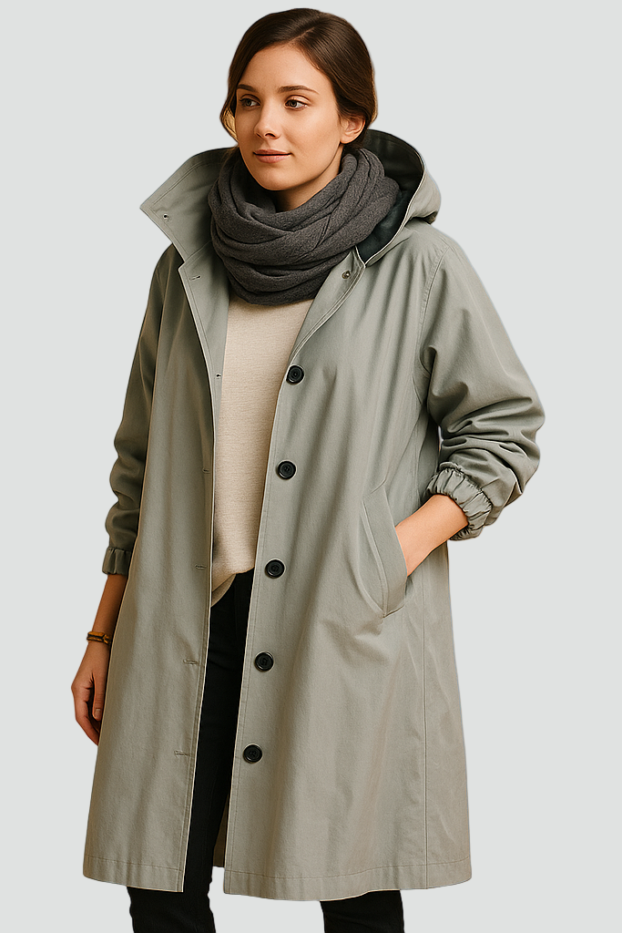 Waterproof Long Women’s Trench Coat with Hood and Buttons