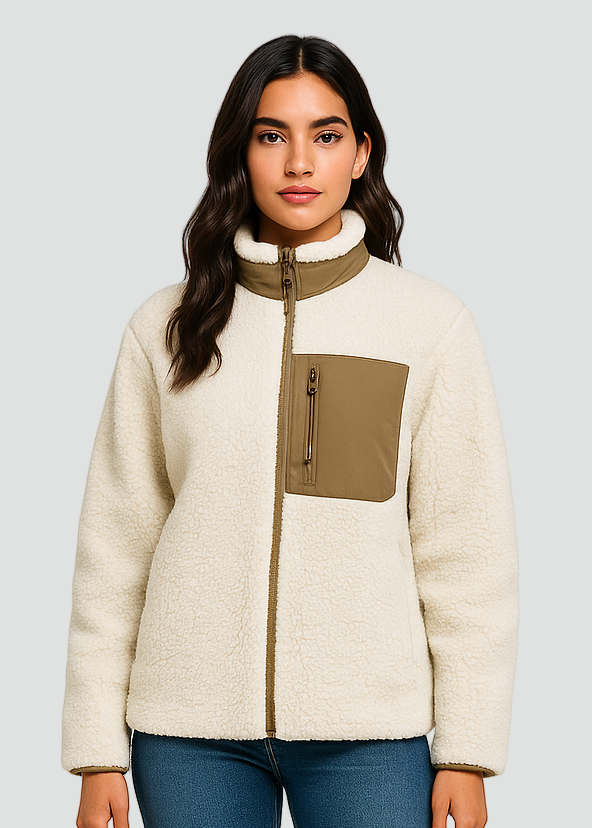 Warm Teddy Jacket for Women with High Collar and Zipper Pocket