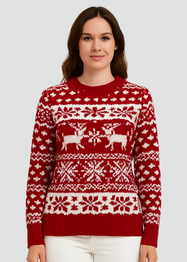 Winter Knitted Warm Women’s Christmas Sweater with Reindeer and Snowflakes