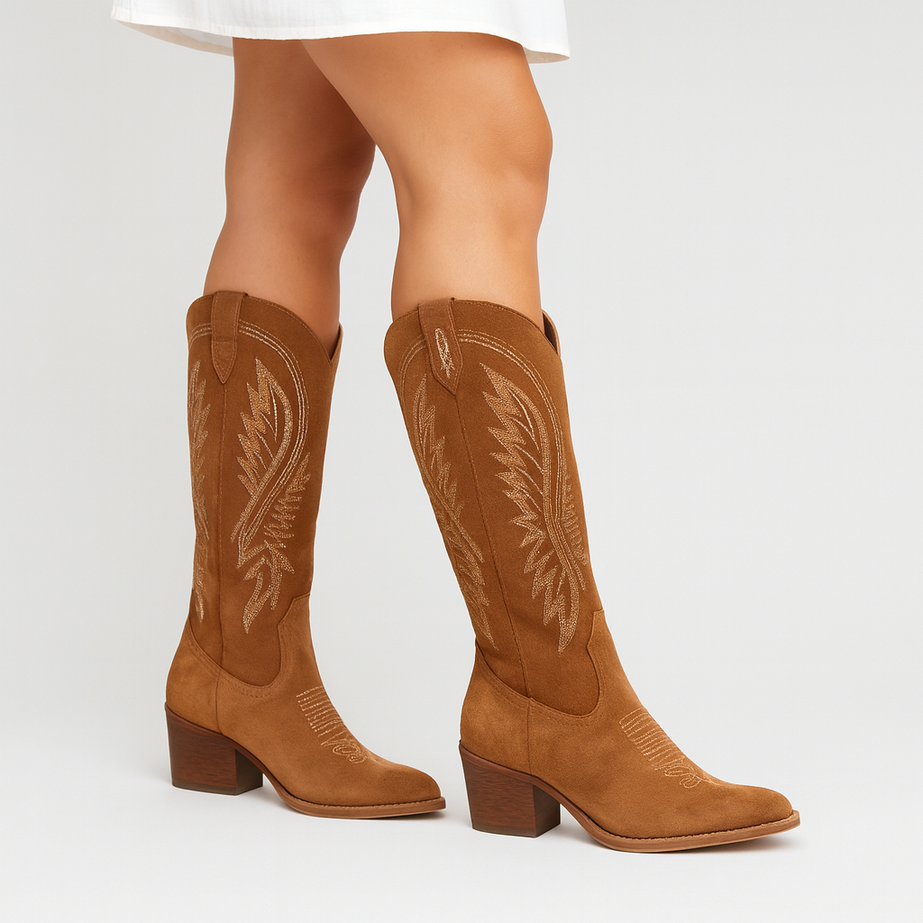 Western Cowboy Boots for Women with Embroidery and Block Heel