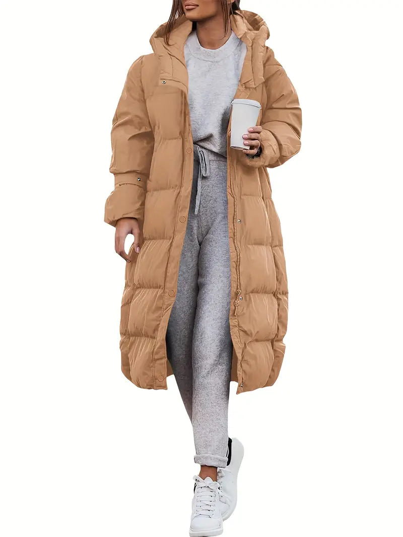 Long Women’s Puffer Coat with Hood and Warm Insulation