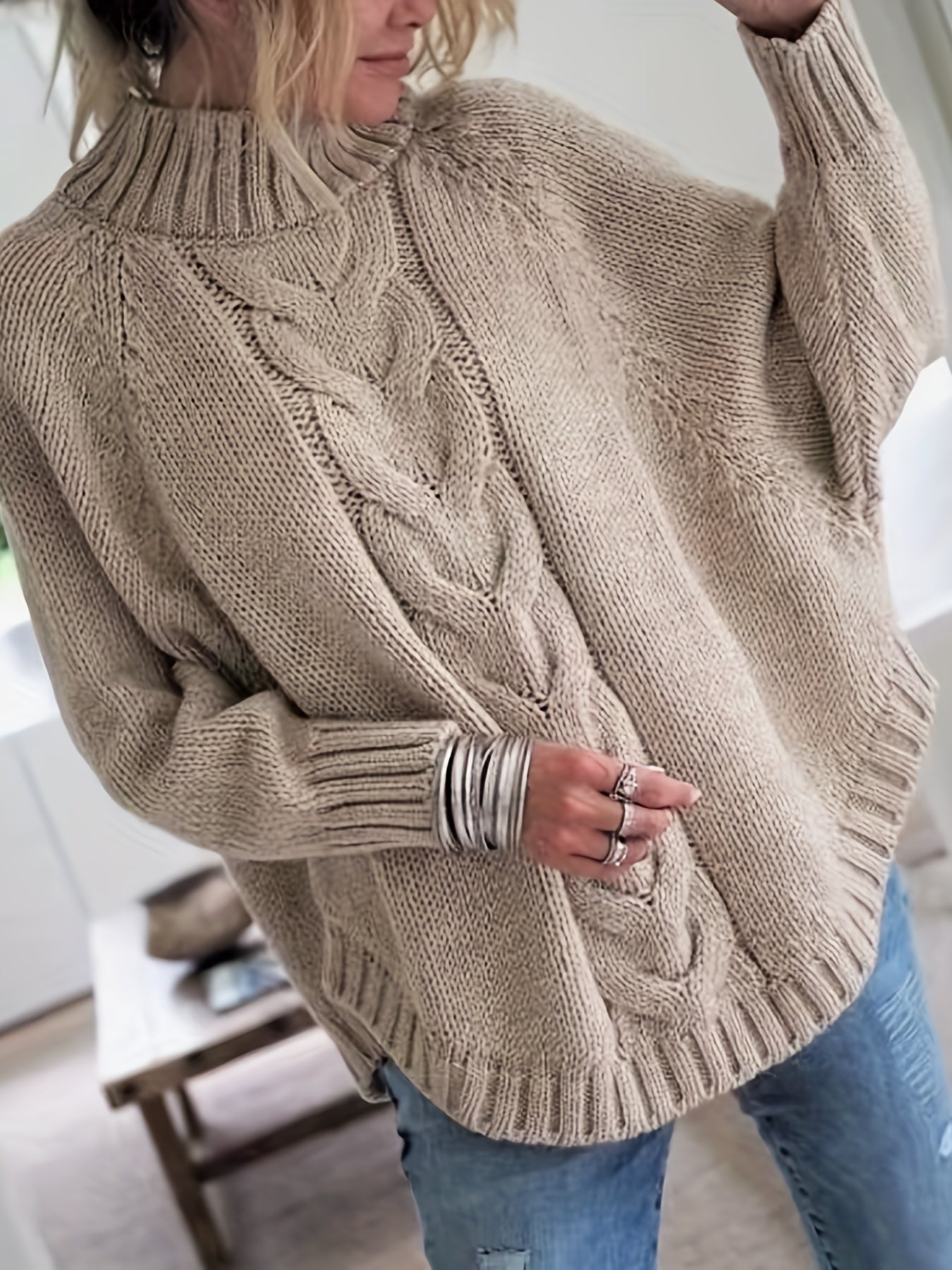 Stylish Women’s Turtleneck Sweater with Cable Knit and Wide Sleeves