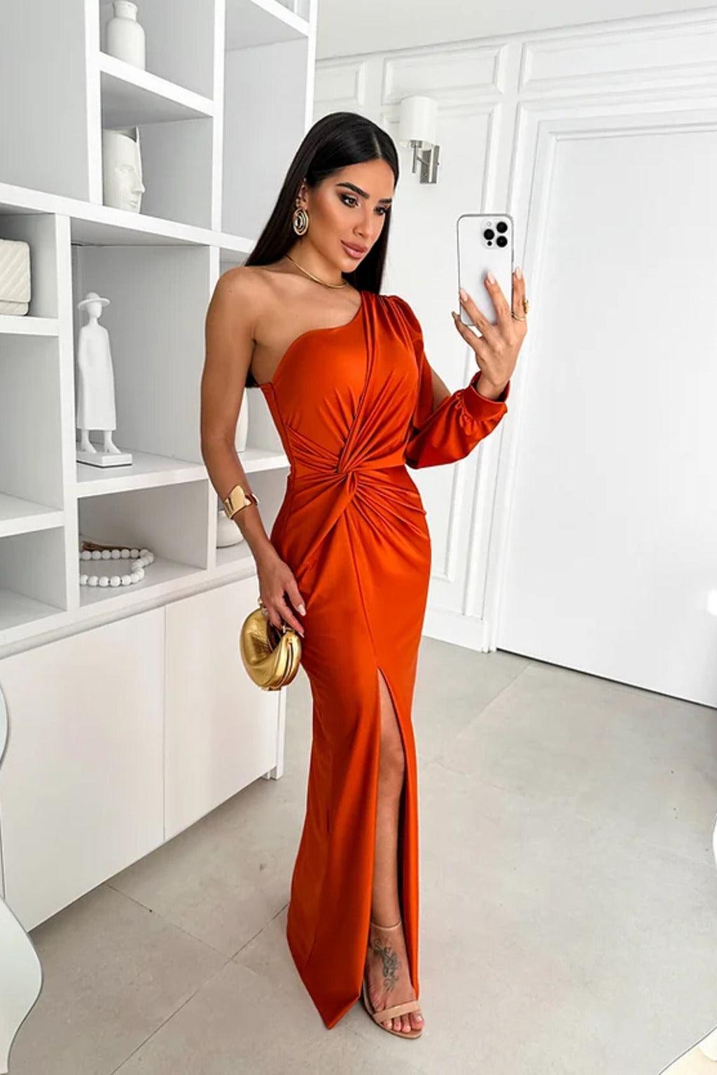 Satin Maxi Dress for Women with One-Shoulder Design and Slit