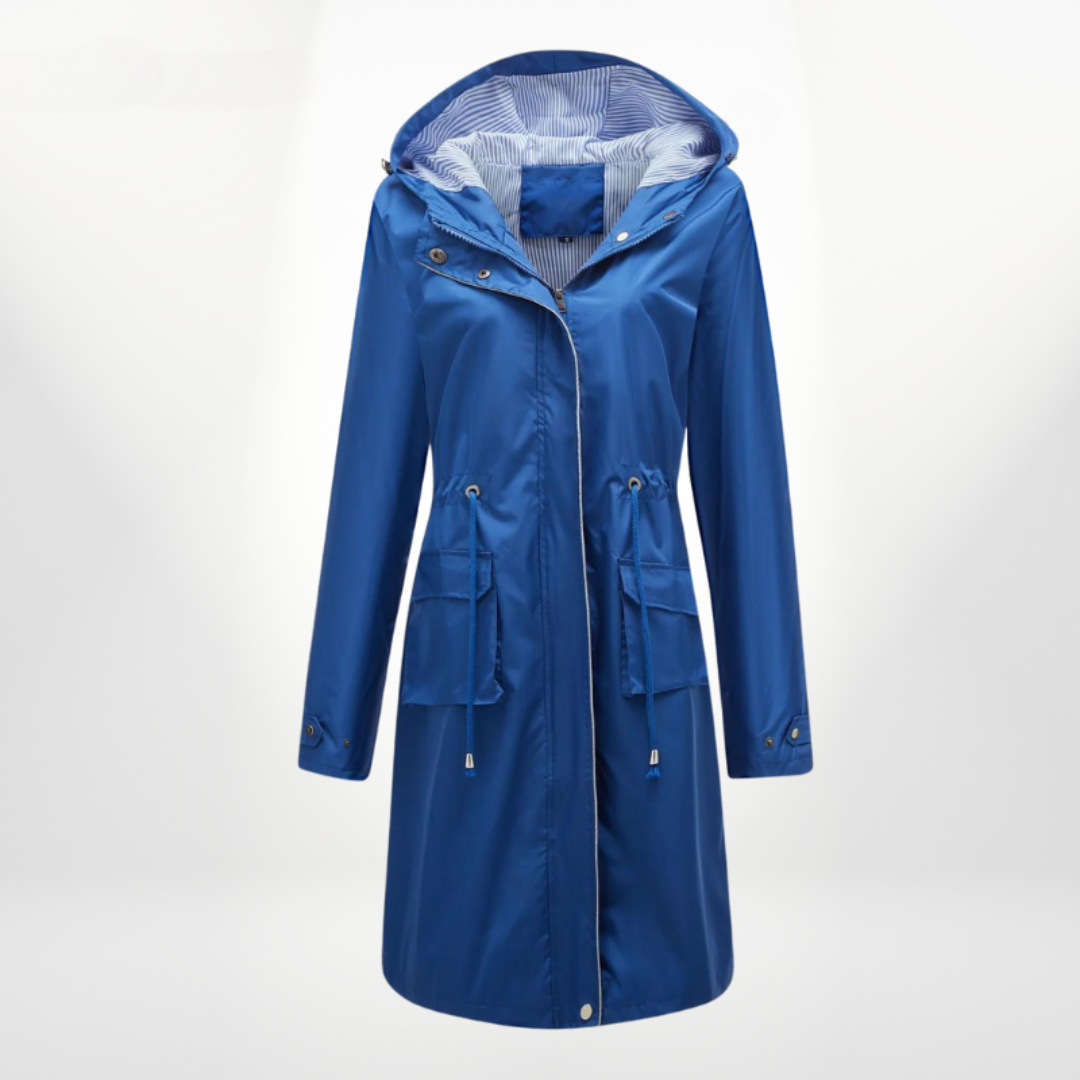 Waterproof Midi Rain Jacket for Women with Hood and Waist Drawstring