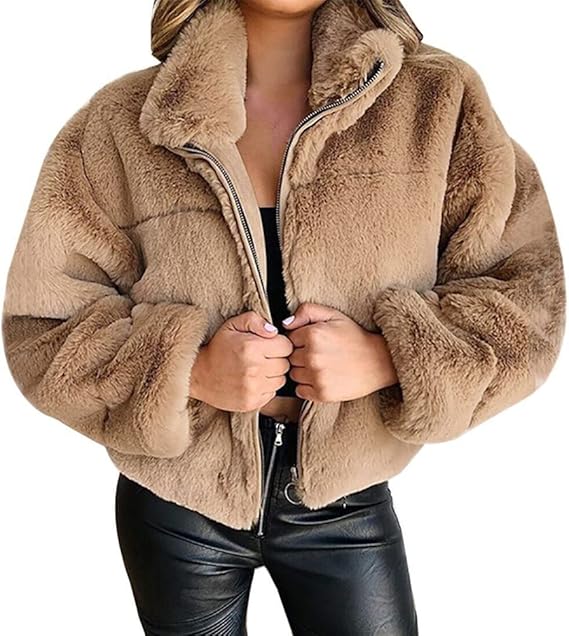 Teddy Fleece Winter Jacket for Women with Zipper and High Collar