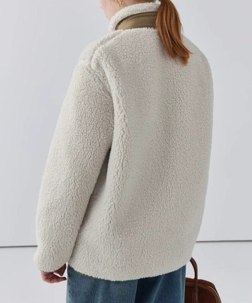 Warm Teddy Jacket for Women with High Collar and Zipper Pocket