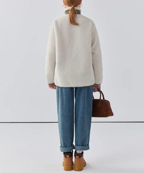 Warm Teddy Jacket for Women with High Collar and Zipper Pocket