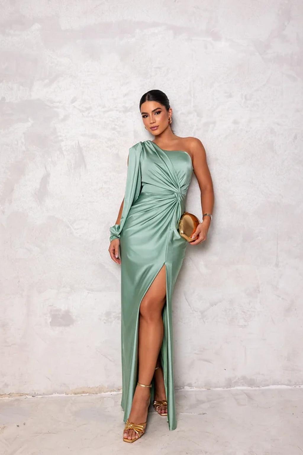 Satin Maxi Dress for Women with One-Shoulder Design and Slit