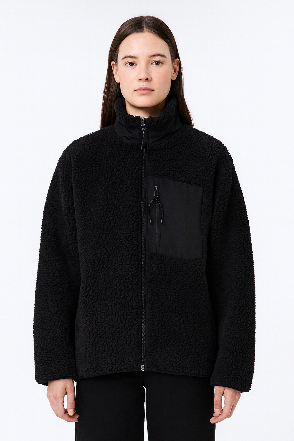 Warm Teddy Jacket for Women with High Collar and Zipper Pocket