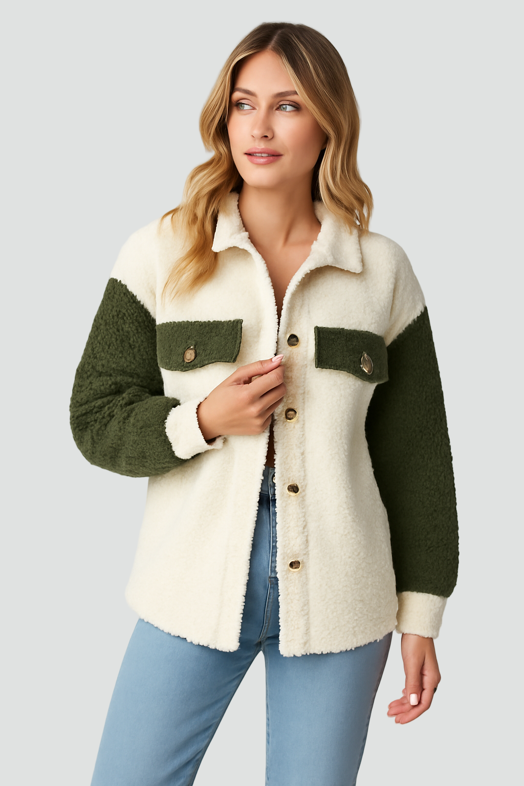 Women’s Teddy Fleece Winter Jacket with Colorblock and Buttons