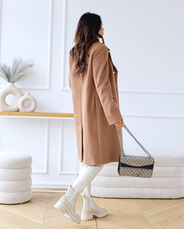Elegant Long Tailored Wool Coat for Women with Button Detailing