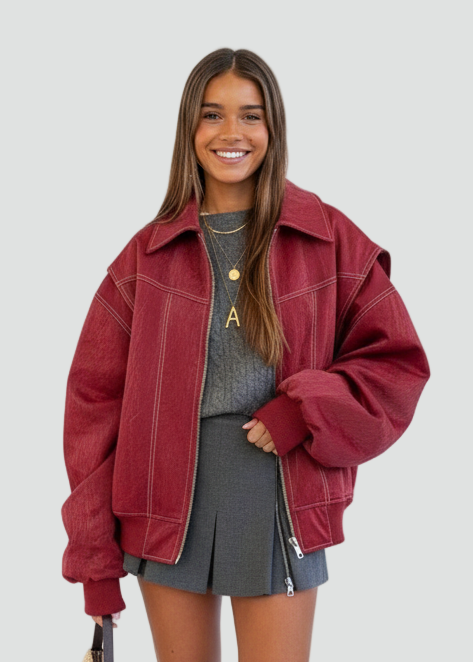 Oversized Faux Leather Bomber Jacket with Contrast Stitching