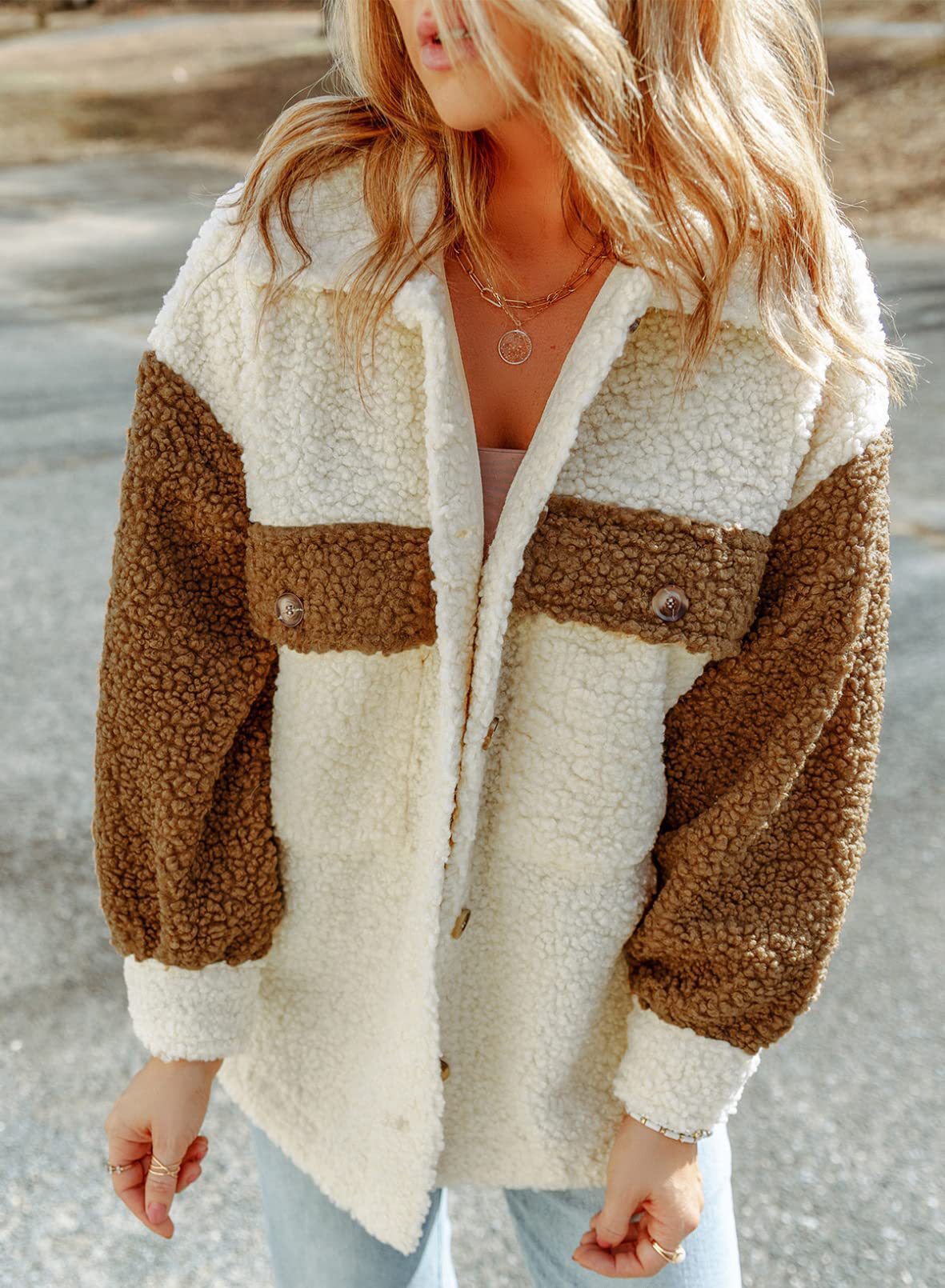 Women’s Teddy Fleece Winter Jacket with Colorblock and Buttons
