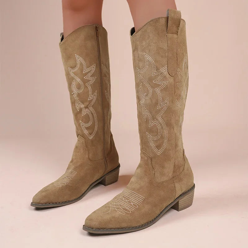 Embroidered Western Cowboy Boots with Low Heel for Women