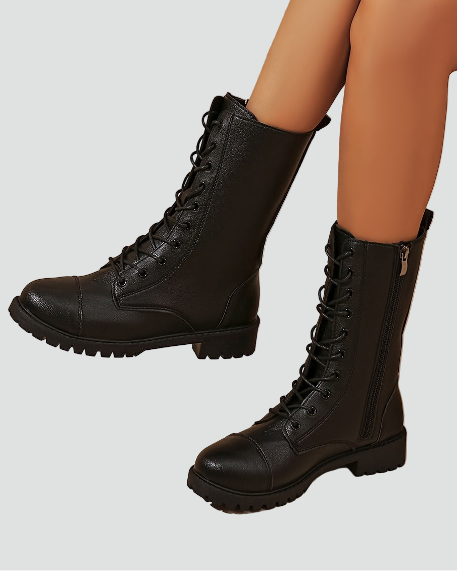 Black Women’s Lace-Up Boots with Zipper and Rugged Sole