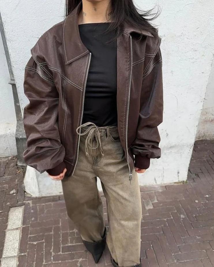 Oversized Faux Leather Bomber Jacket with Contrast Stitching