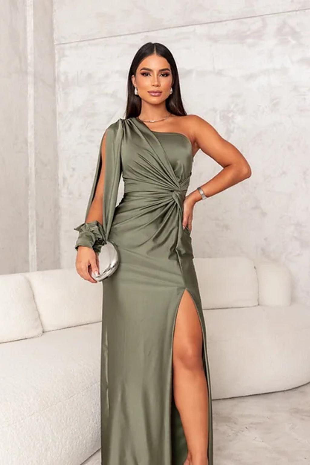 Satin Maxi Dress for Women with One-Shoulder Design and Slit