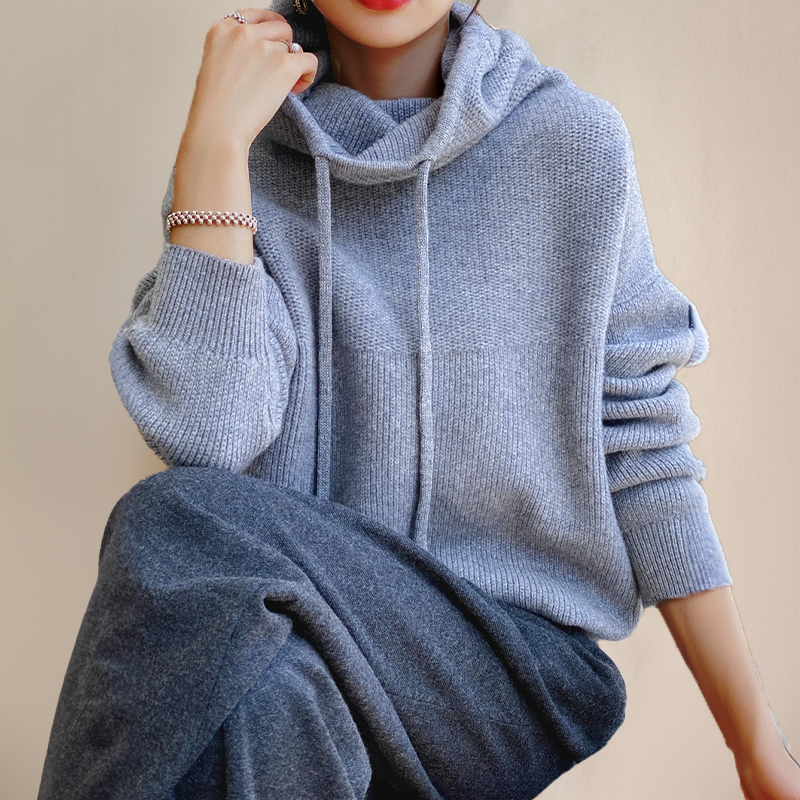 Knitted Oversized Hoodie for Women with Drawstring Hood