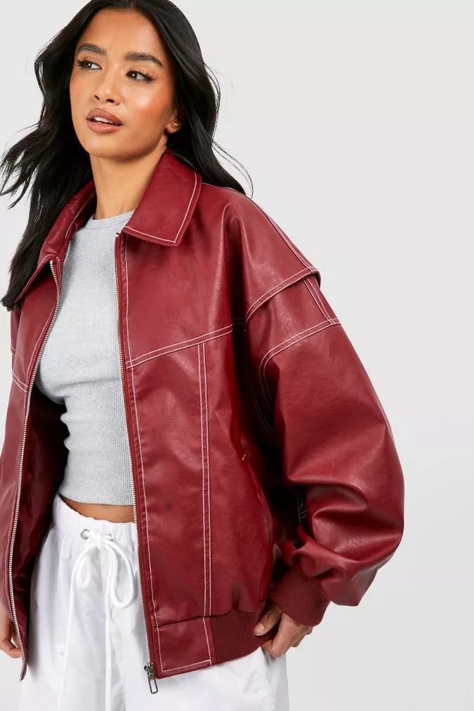 Oversized Faux Leather Bomber Jacket with Contrast Stitching