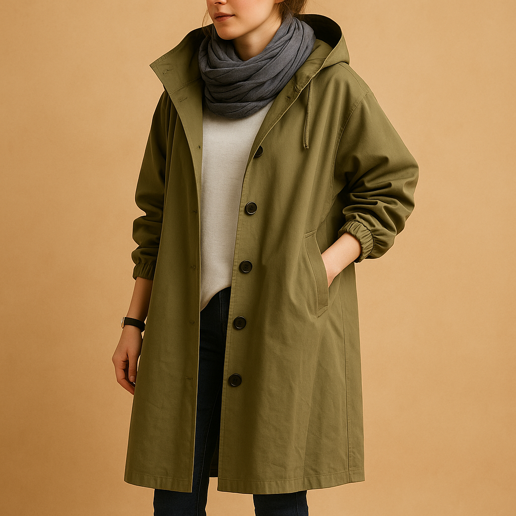 Waterproof Long Women’s Trench Coat with Hood and Buttons