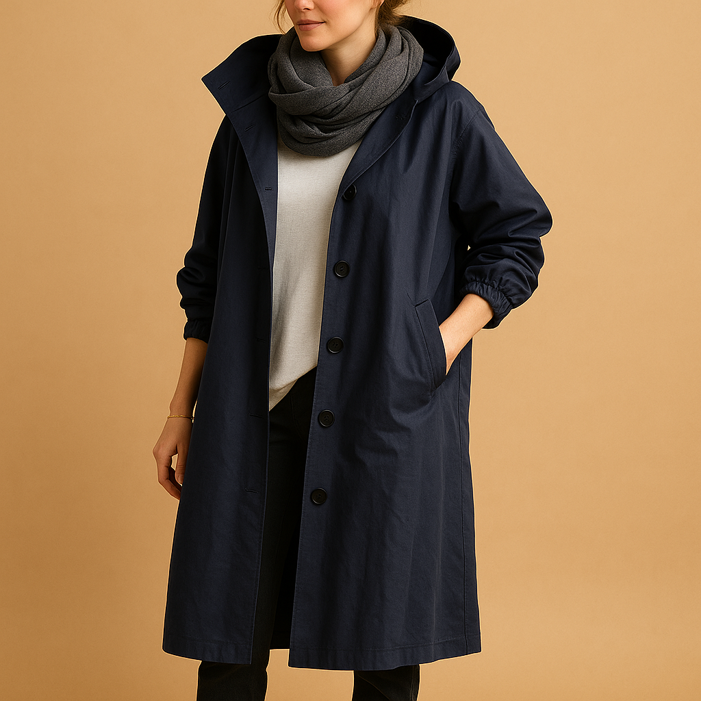Waterproof Long Women’s Trench Coat with Hood and Buttons