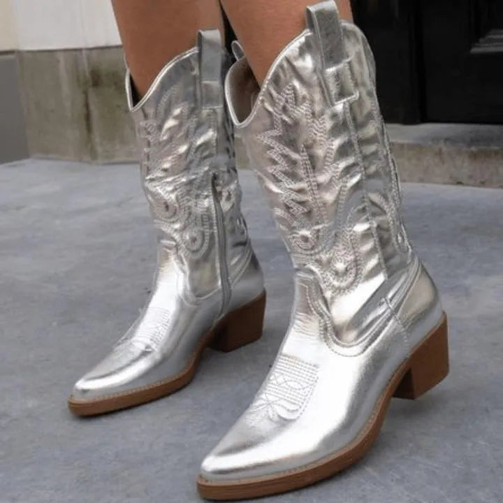 Mid-Calf Cowboy Boots for Women with Zipper and Pointed Toe