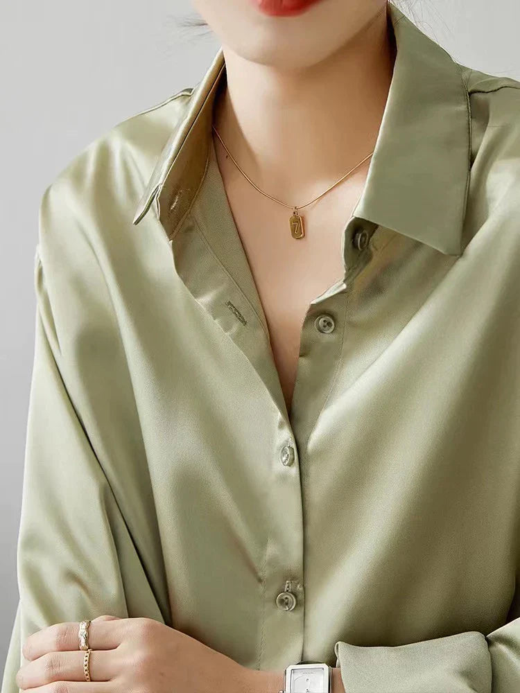 Elegant Satin Blouse with Collar and Long Sleeves for Women