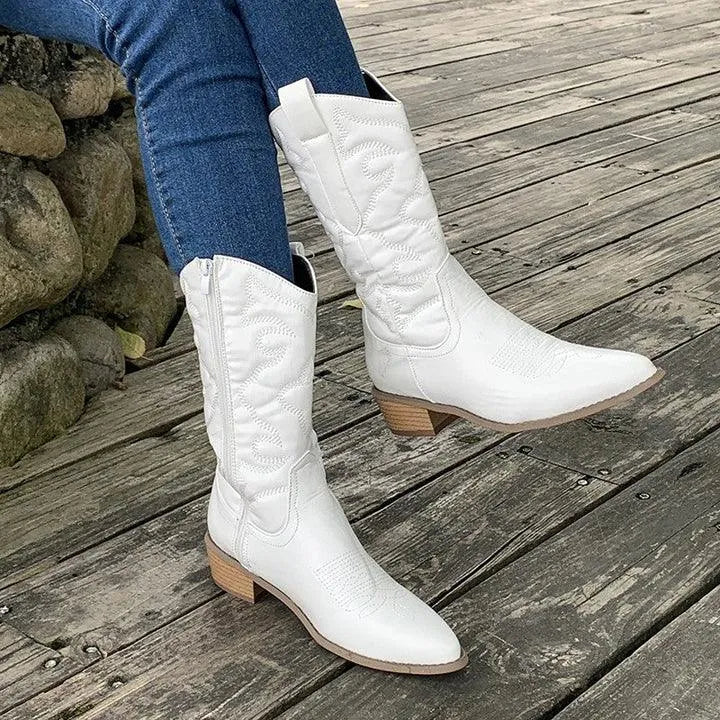 Mid-Calf Cowboy Boots for Women with Zipper and Pointed Toe