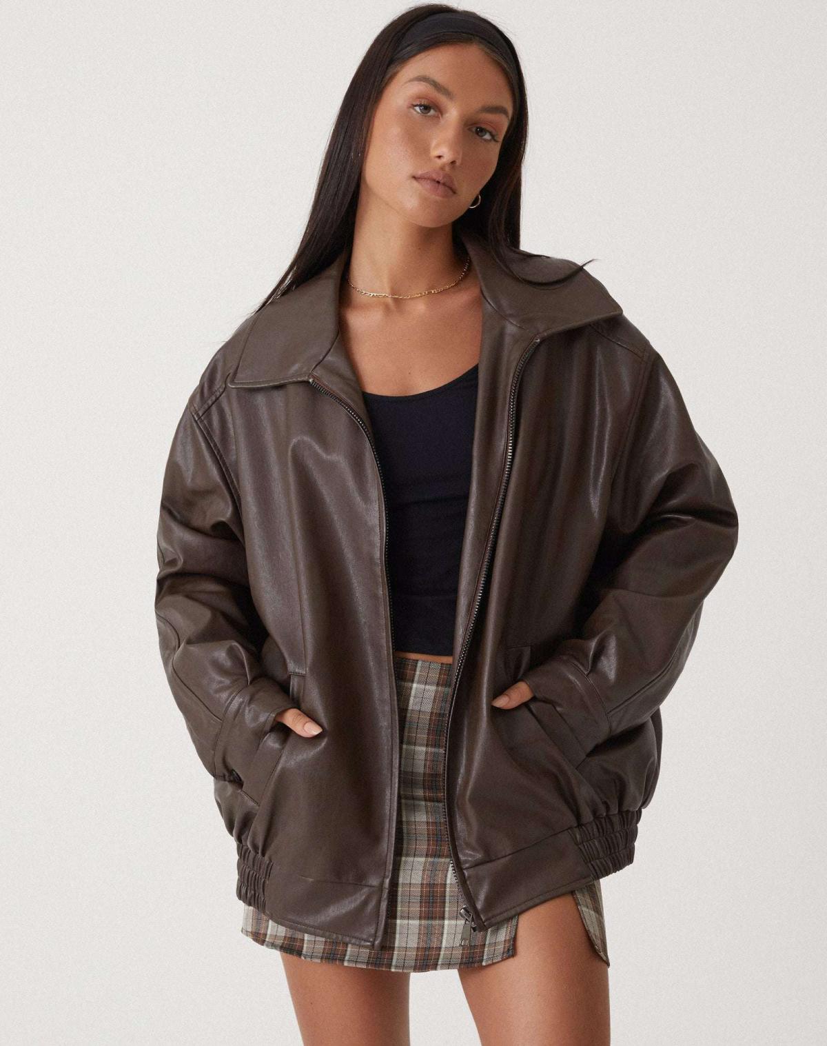 Oversized Women’s Faux Leather Jacket with Zipper